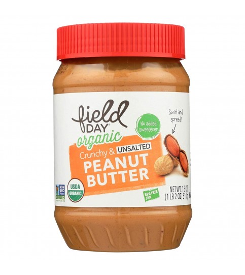 Field Day Organic Easy Spread Peanut Butter, Crunchy, No Salt (12x18Oz)