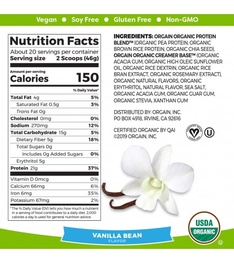 Orgain Organic Plant Based Protein Powder, Sweet Vanilla Bean (1X1.02 Lb )