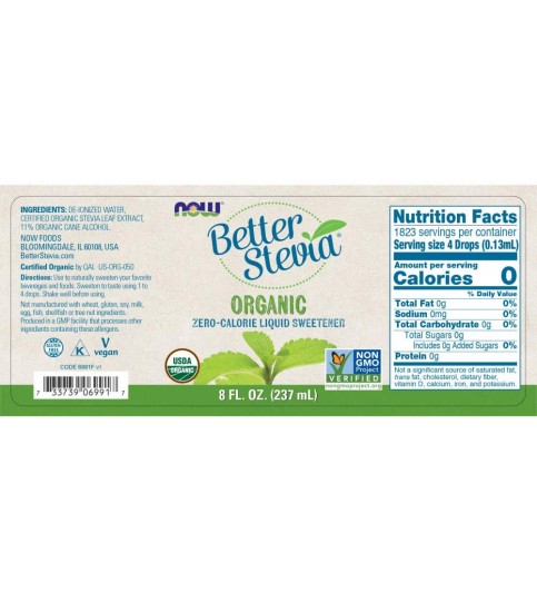 NOW Foods, Certified Organic BetterStevia Liquid,  8-Ounce