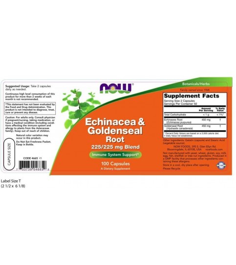 NOW Supplements, Echinacea & Goldenseal Root, 225/225 mg, 100 Capsules