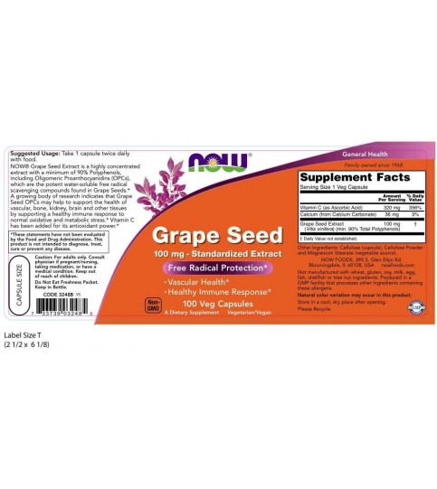 NOW Supplements, Grape Seed 100 mg, 100 Veg Capsules