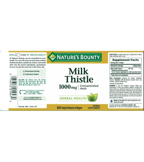 Milk Thistle by Nature's Bounty, Herbal Health Supplement, 1000 mg, 50 softgels