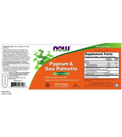 NOW Supplements, Pygeum & Saw Palmetto with Pumpkin Seed Oil, Men's Health, 120 Softgels