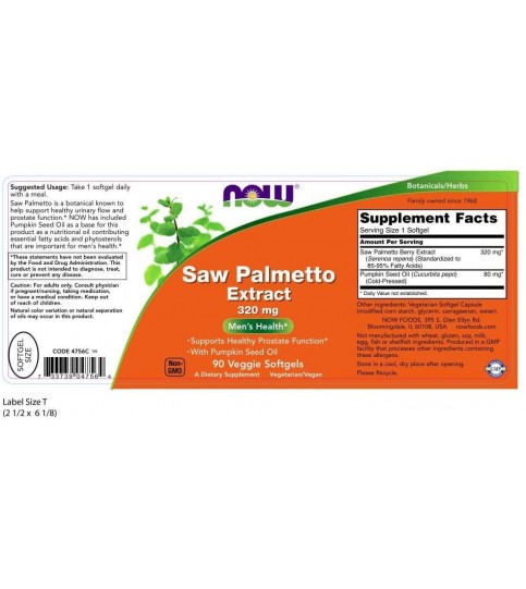 NOW Supplements, Saw Palmetto Extract 320 mg, Men's Health, 90 Veg Softgels