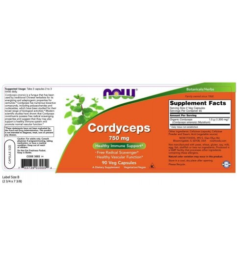 NOW Supplements, Cordyceps 750 mg, Healthy Immune Support, 90 Veg Capsules