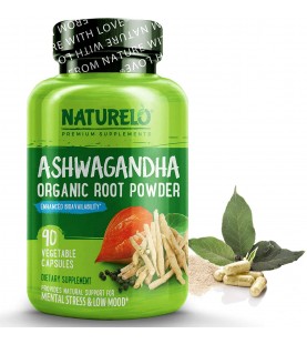 NATURELO Ashwagandha Organic Root Powder - 90 Vegan Capsules