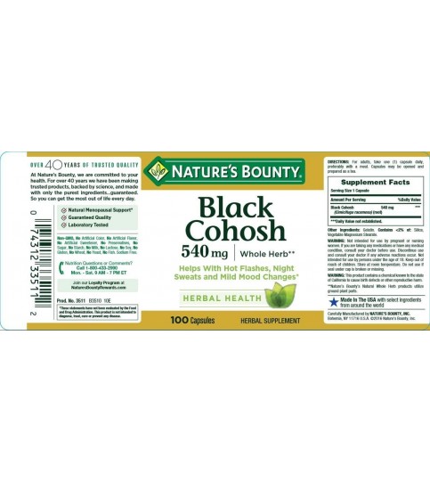 Nature's Bounty Black Cohosh Root Pills and Herbal Health Supplement, 540 mg, 100 Capsules