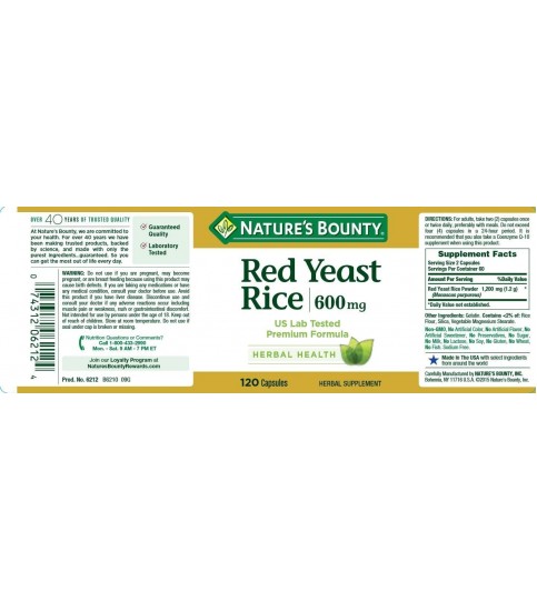 Nature's Bounty Red Yeast Rice Pills, 600mg, 120 Capsules