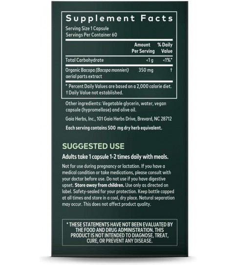 Gaia Herbs, Bacopa, Brain and Cognitive Support, 60 Count