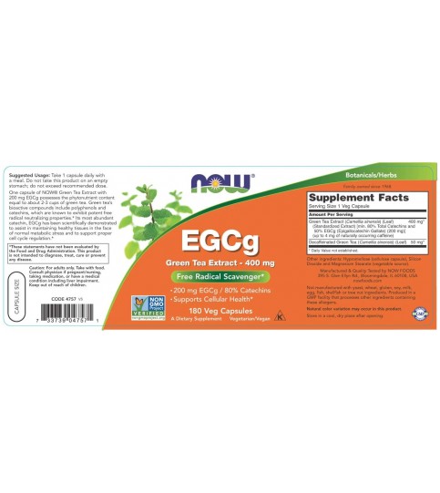 NOW Supplements, EGCg Green Tea Extract 400 mg, 180 Veg Capsules