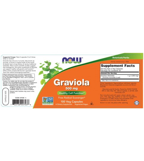 NOW Supplements, Graviola (Annona muricata) 500 mg, 100 Capsules