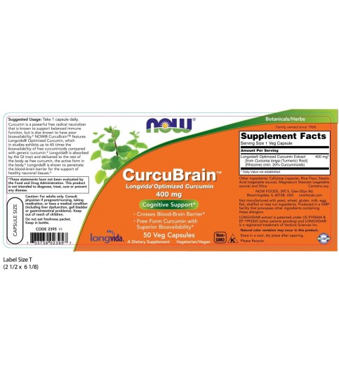 NOW Supplements, CurcuBrain 400 mg, 50 Veg Capsules