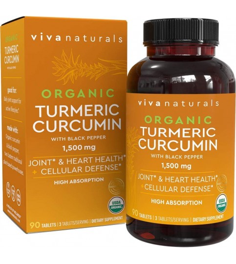 Organic Turmeric Curcumin Supplements with Black Pepper, 1500mg, 90 Tablets.