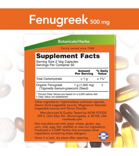 NOW Supplements, Fenugreek 500 mg, 100 Veg Capsules