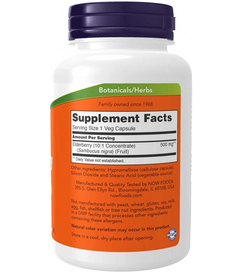 NOW Supplements, Elderberry 500 mg, 10:1 Concentrate, 120 Veg Capsules