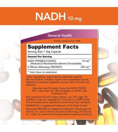 NOW Supplements, NADH, 10 mg with 200 mg, 60 Capsules