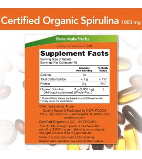 NOW Supplements, Certified Organic, Spirulina 1000 mg (Double Strength), 120 Tablets