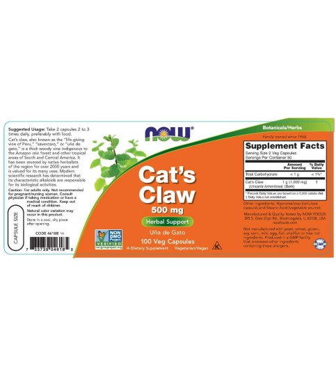 NOW Supplements, Cat's Claw 500 mg, 100 Veg Capsules