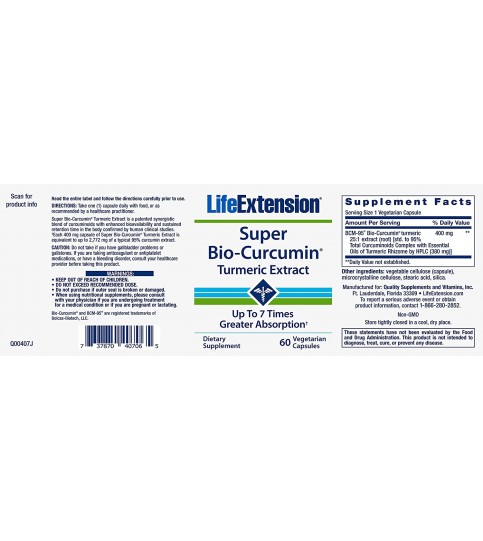 Life Extension Super Bio-Curcumin Turmeric Extract 400mg, 60 Vegetarian Capsules