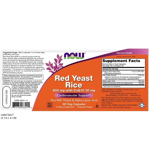 NOW Supplements, Red Yeast Rice with CoQ10, plus Milk Thistle & Alpha Lipoic Acid, 60 Veg Capsules