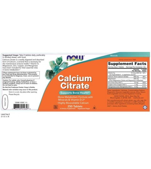 NOW Supplements, Calcium Citrate, 250 Tablets