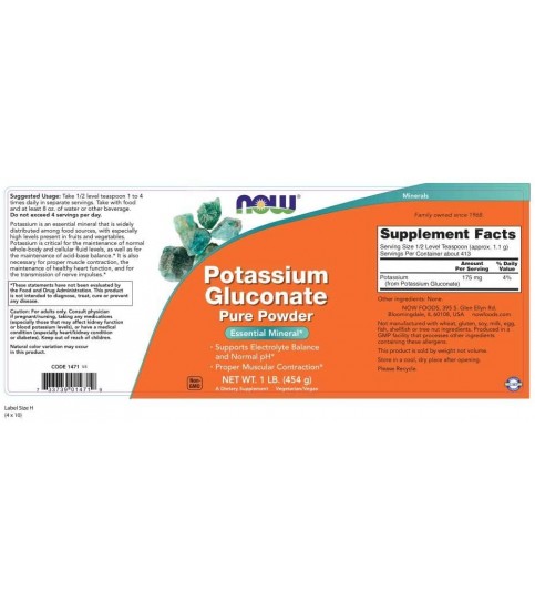 NOW Supplements, Potassium Gluconate Pure Powder 175 mg, 1-Pound