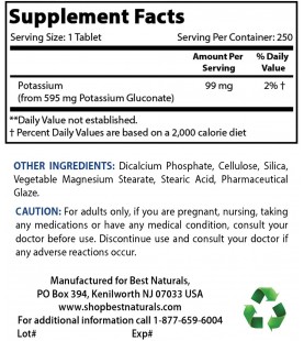 Best Naturals Potassium Gluconate Supplement 595 Mg Tablet, 250Count