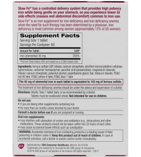 Slow Fe, High Potency Iron 45 mg, Slow Release - 60 Tablets