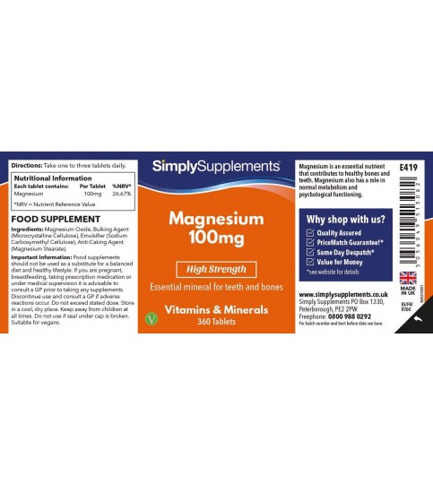 Magnesium 100mg - 360 Tablets - High Strength