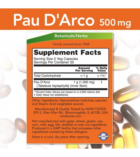 NOW Supplements, Pau D'Arco 500 mg, 100 Veg Capsules