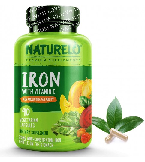 NATURELO Vegan Iron Supplement with Whole Food Vitamin C - 90 Mini Capsules