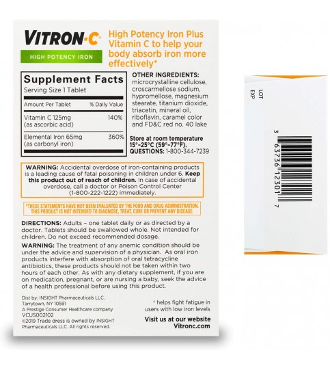 Vitron-C High Potency Iron Supplement with Vitamin C, 60 Count