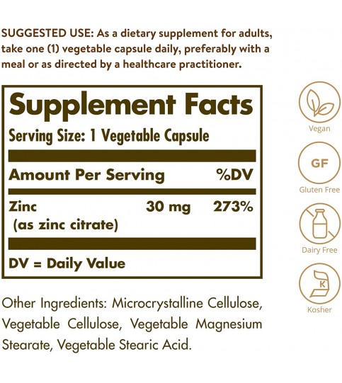 Solgar Zinc Citrate 30 mg, 100 Vegetable Capsules