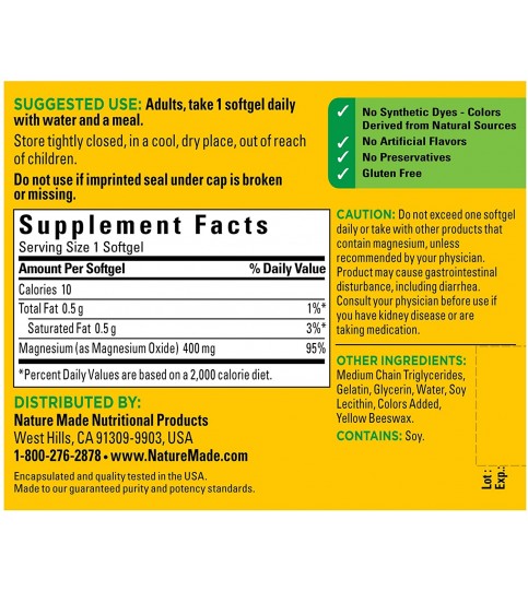 Nature Made Extra Strength Magnesium Oxide 400 mg Softgels, 60 Count