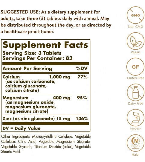 Solgar Calcium Magnesium Plus Zinc, 250 Tablets