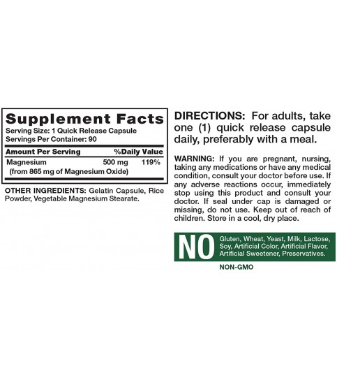 Nature's Truth Magnesium Oxide 500 Mg Capsules, 90Count