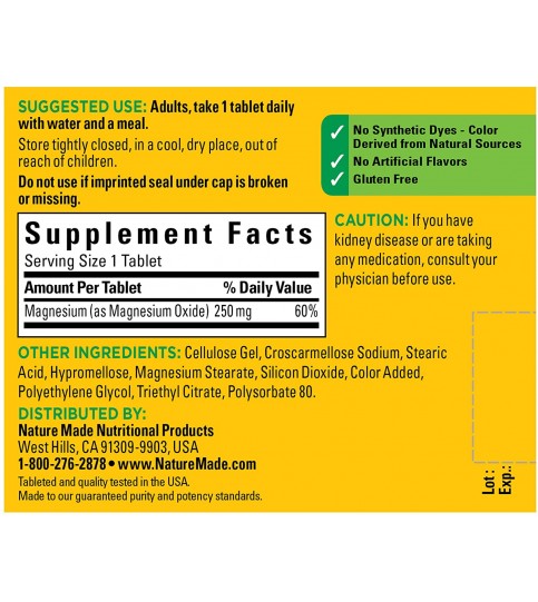 Nature Made Magnesium Oxide 250 mg Tablets, 100 Count