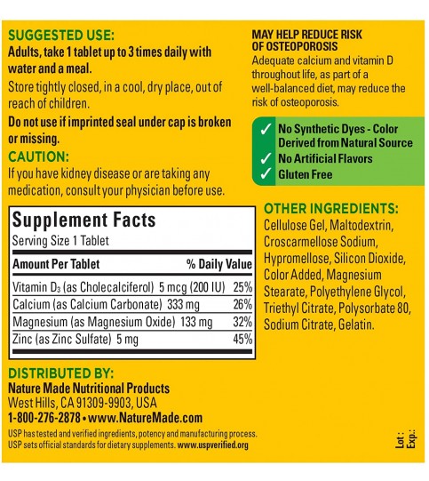 Nature Made Calcium, Magnesium Oxide, Zinc, 300 Count