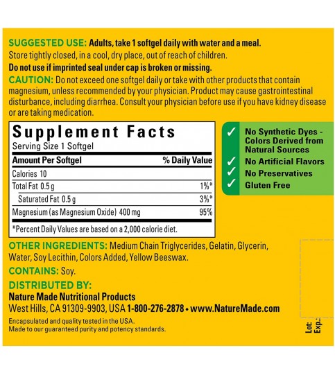 Nature Made Extra Strength Magnesium Oxide 400 mg Softgels, 110 Count