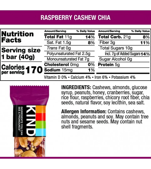 Kind Fruit & Nut Bar Raspberry Cashew & Chia Bars (12x1.4 OZ)