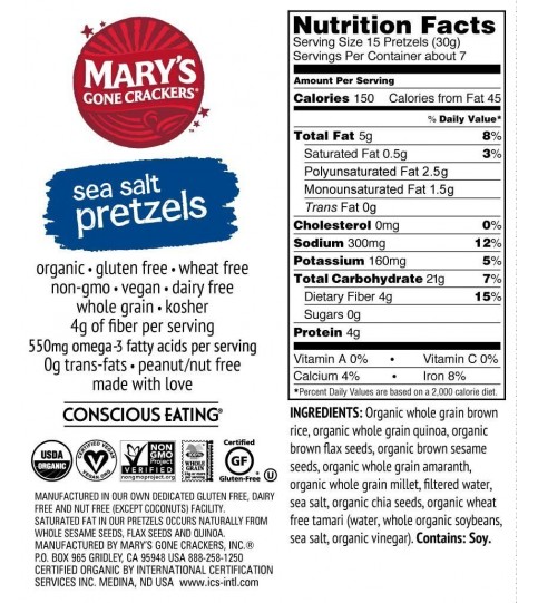 Mary's Gone Crackers Sea Salt Pretzels(12x7.5 Oz)