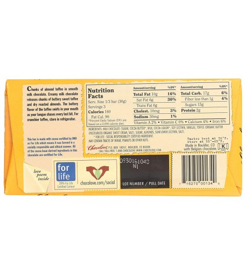 Chocolove Milk Choc Toffee & Almond Bar (12x3.2 Oz)