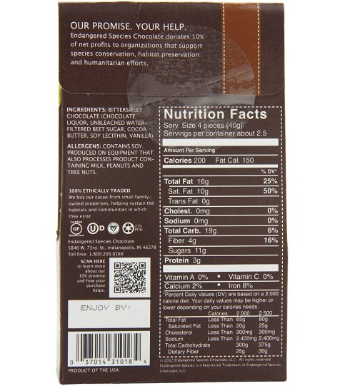 Endangered Species Bite Size Dark Chocolate 72 % Cocoa (6x10 CT)