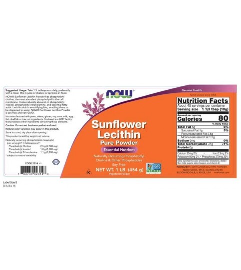 NOW Supplements, Sunflower Lecithin, Powder, 1-Pound