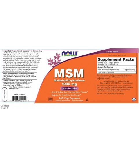 NOW Supplements, MSM (Methylsulfonylmethane) 1,000 mg, 240 Veg Capsules