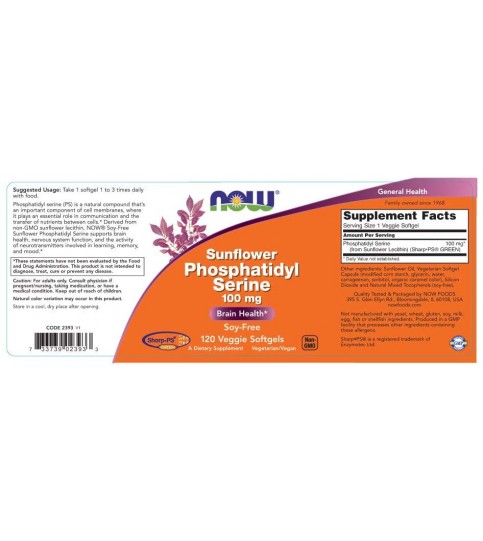 NOW Supplements, Sunflower Phosphatidyl Serine 100 mg, 120 Softgels