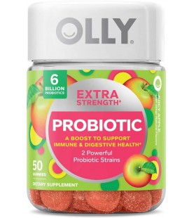 OLLY Extra Strength Probiotic, 25 Day Supply (50 Gummies), Juicy Apple