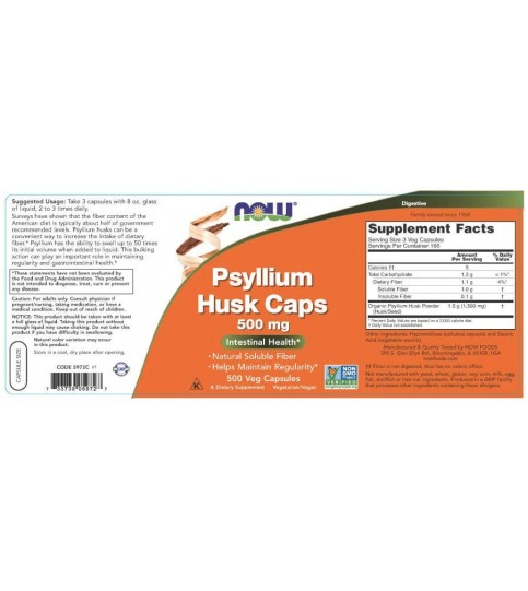 NOW Supplements, Psyllium Husk Caps 500 mg, 500 Veg Capsules