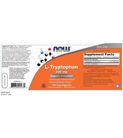 NOW Supplements, L-Tryptophan 500 mg, 120 Veg Capsules