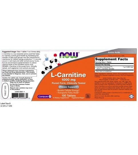 NOW Supplements, L-Carnitine 1,000 mg, 100 Tablets